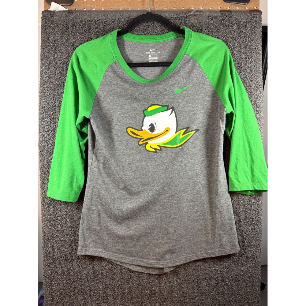 Nike Oregon Ducks Shirt Womens Small Gray Green 3/4 Sleeve Dri-FIT Raglan